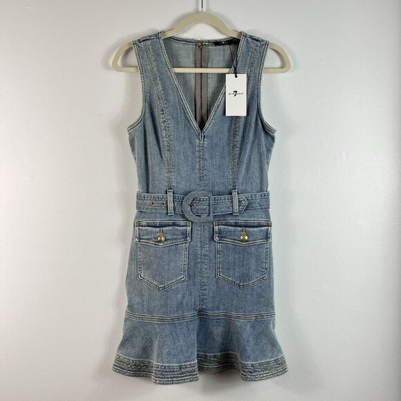 7 For All Mankind Denim Patch Pocket Mini Dress Size Small Belted Festival Party - Picture 1 of 15